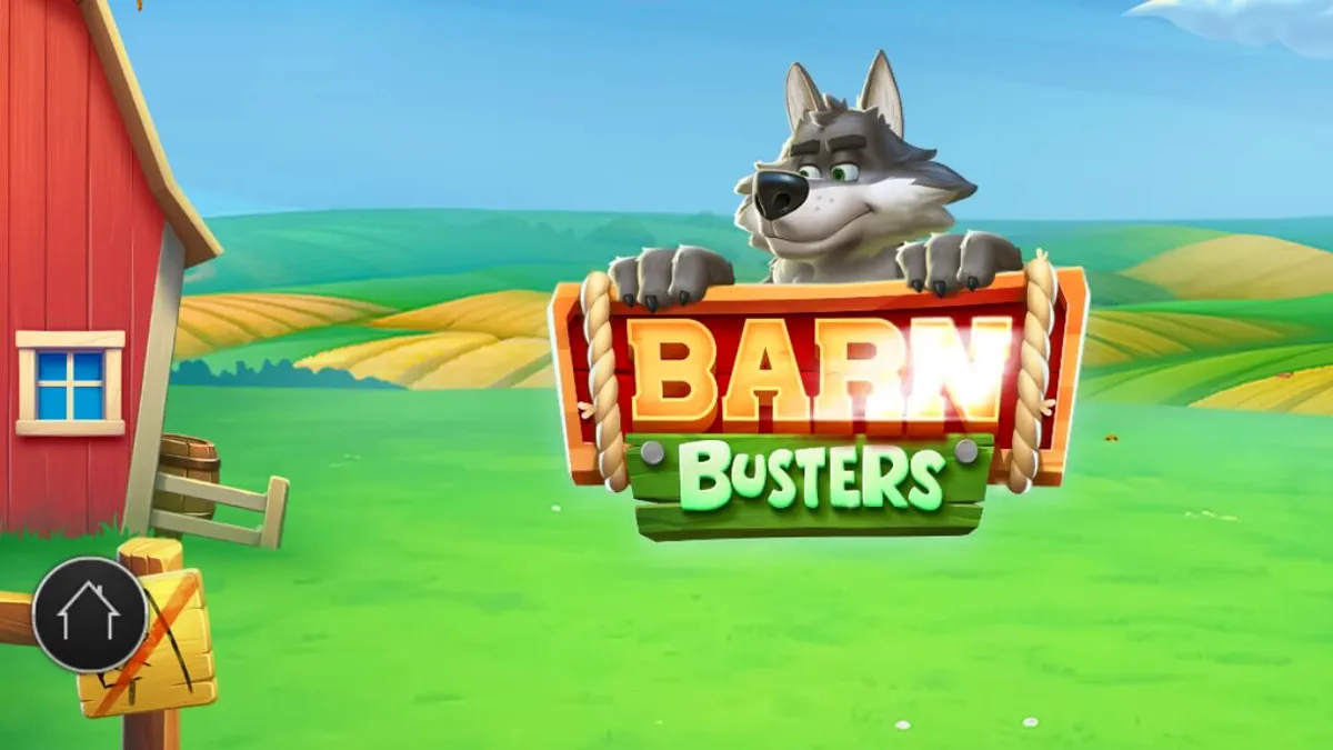 Tampilan visual slot Barn Busters dengan latar belakang peternakan yang cerah dan simbol-simbol pertanian.